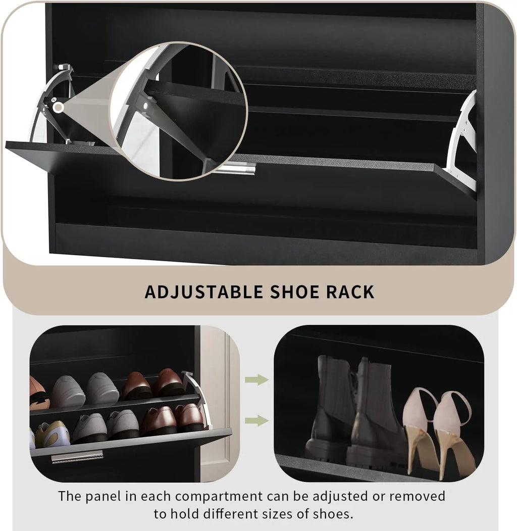 Black Slim Shoe Cabinet with 2 Flip Drawers and Tempered Glass Top K87386