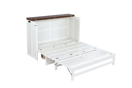Queen Size White Wood Murphy Bed with Storage Drawer T54556