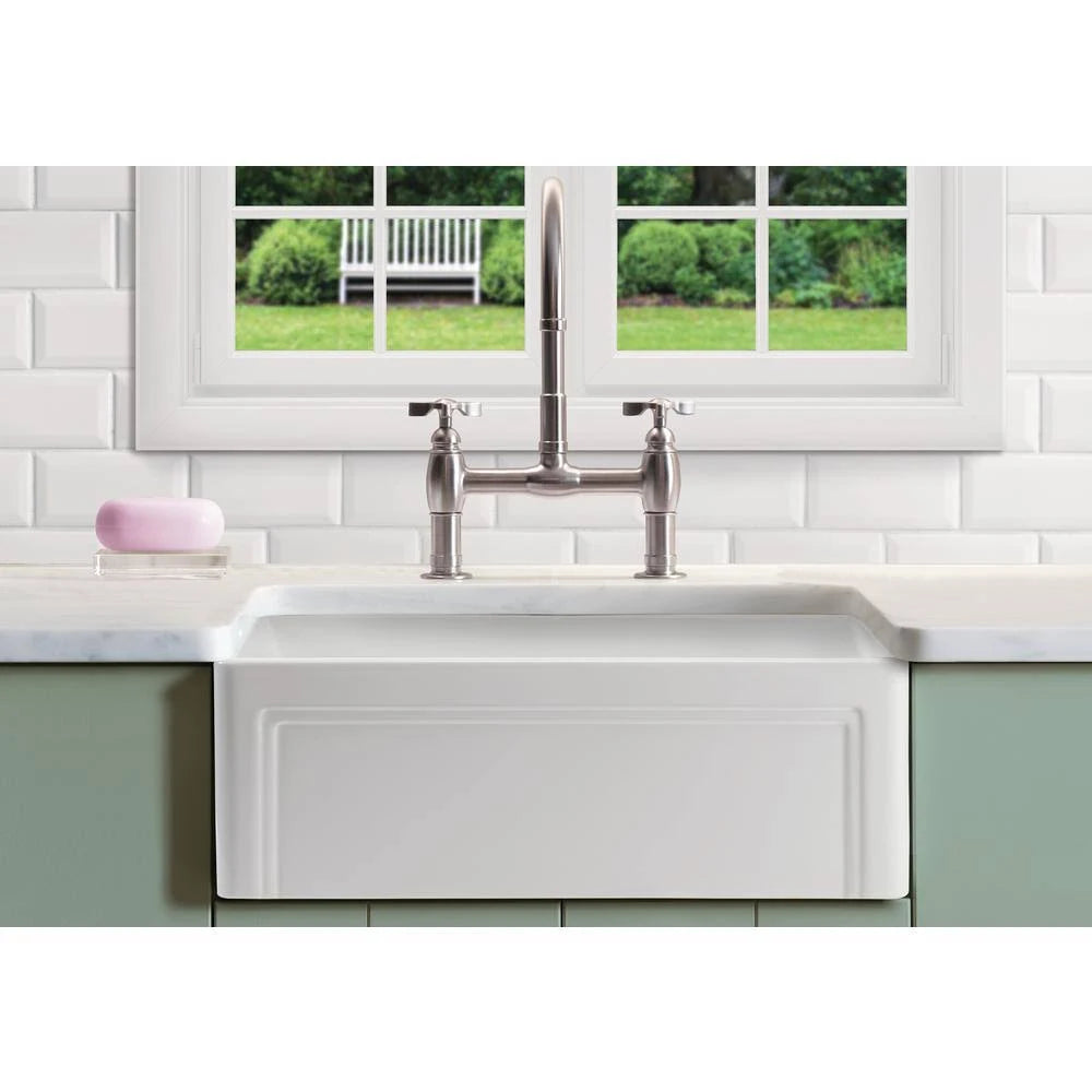White 30 inch Farmhouse Fireclay Kitchen Sink with Grid and Strainer S6845