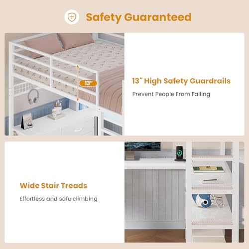 Full Size Loft Bed with U-Shaped Desk, 6 Storage Drawers, LED, Rustic Brown A675476