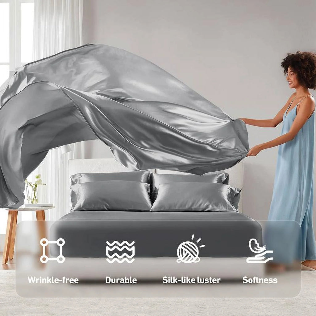 6 Piece Satin Sheet Set with Flat Sheet, Fitted Sheet, 4 Pillowcases Y582434