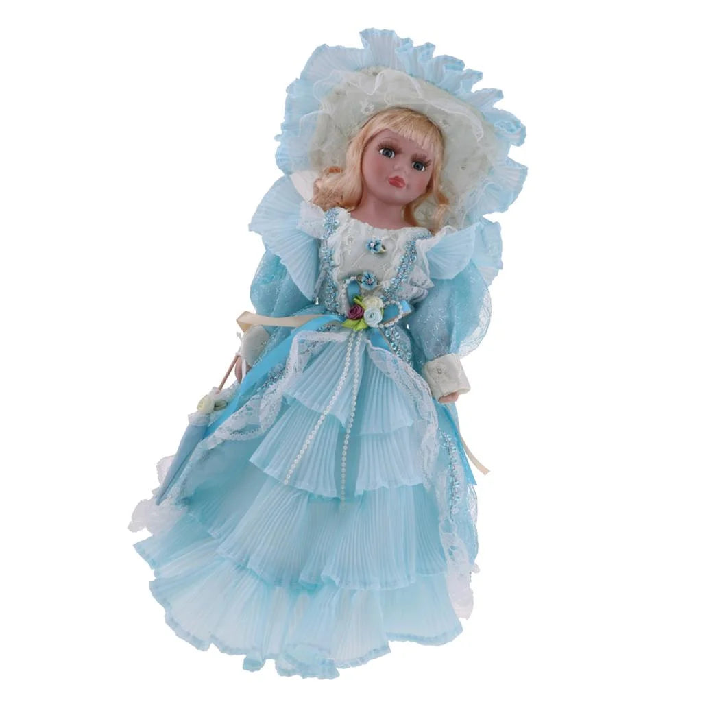 16inch Porcelain Doll with Stand, Lady Figures with Dress Hat, Dollhouse Accessories W812752