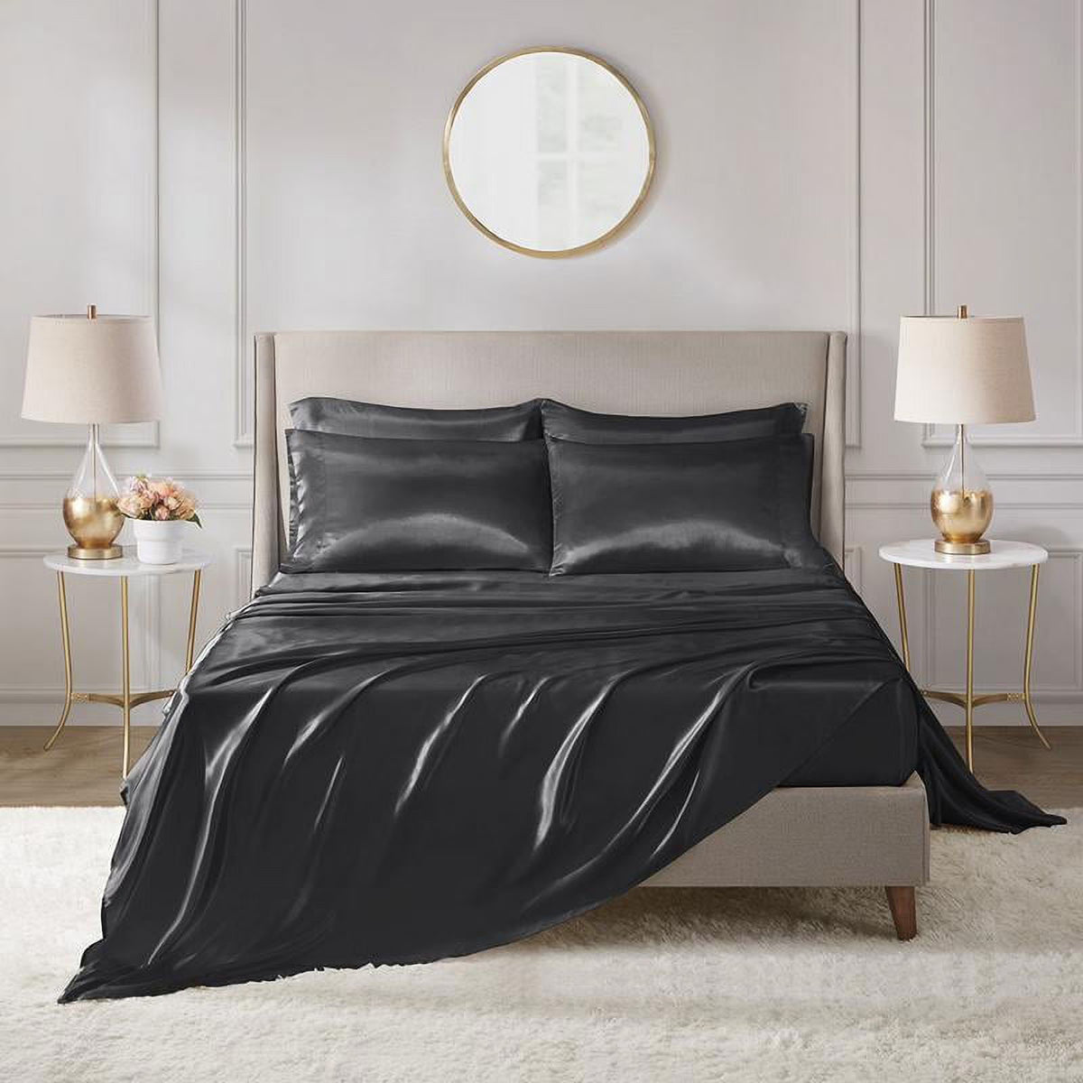 6 Piece Satin Sheet Set with Flat Sheet, Fitted Sheet, 4 Pillowcases Y582434