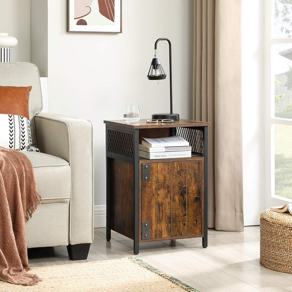 Rustic Brown and Black Nightstand with Open Shelf and Storage Cabinet M39824