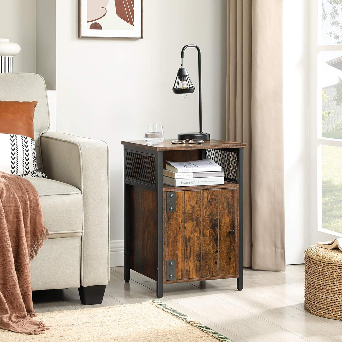 Rustic Brown and Black Nightstand with Open Shelf and Storage Cabinet M39824
