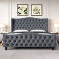 Queen Size Beige Velvet Tufted Upholstered Platform Bed Frame with Wingback Headboard O89319