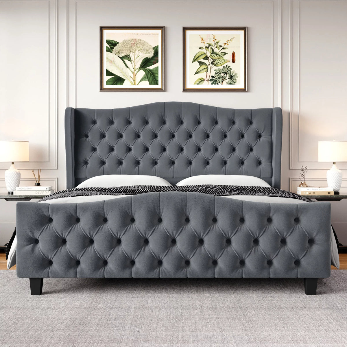 Queen Size Beige Velvet Tufted Upholstered Platform Bed Frame with Wingback Headboard O89319