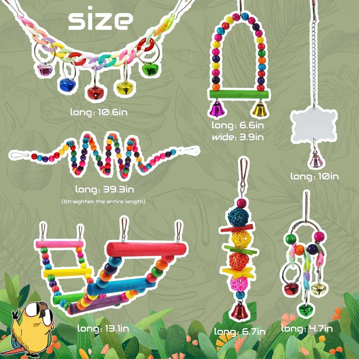 7 Pcs Colorful Bird Toys Cage Hammock Swing Climbing Ladders Chewing Toy Mirror Hanging Bell Wooden Perch K2613
