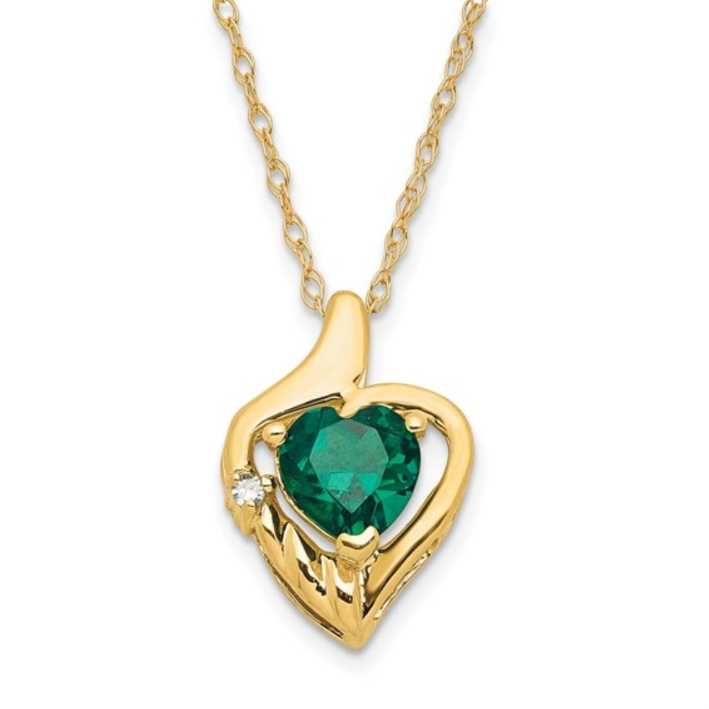10K Yellow Gold Created Emerald and Diamond Heart Necklace 18" L6034