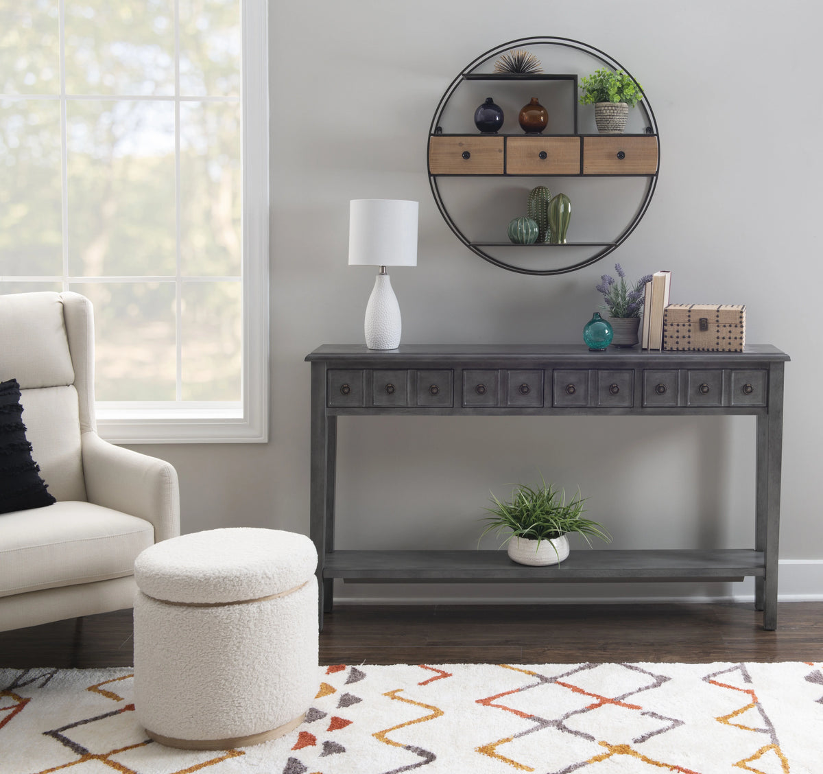 Gray 4-Drawer Console Table with Shelf I47165