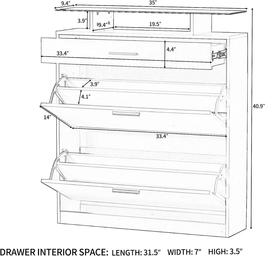 Black Slim Shoe Cabinet with 2 Flip Drawers and Tempered Glass Top K87386