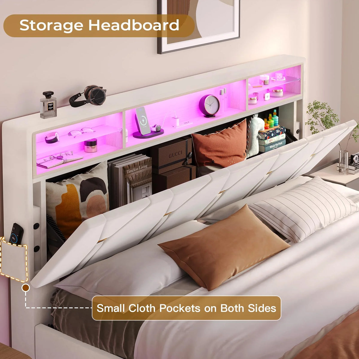 Queen Size Dark Gray Bed Frame with Bookcase Headboard and USB Ports Y63597