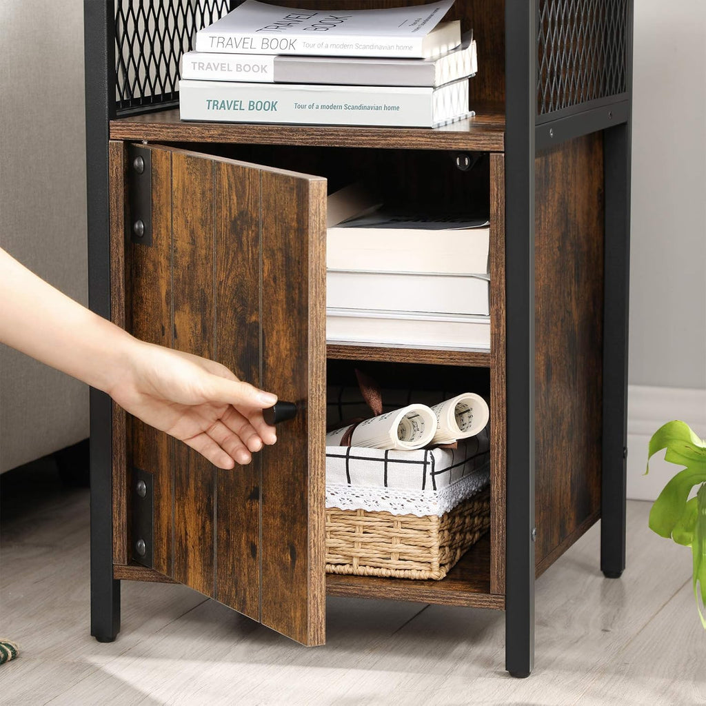 Rustic Brown and Black Nightstand with Open Shelf and Storage Cabinet M39824