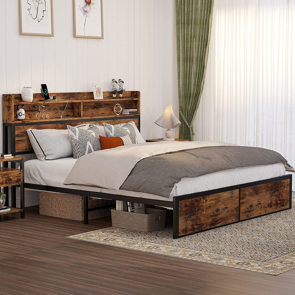 King Size Platform Storage Bed with Bookcase Headboard O5657