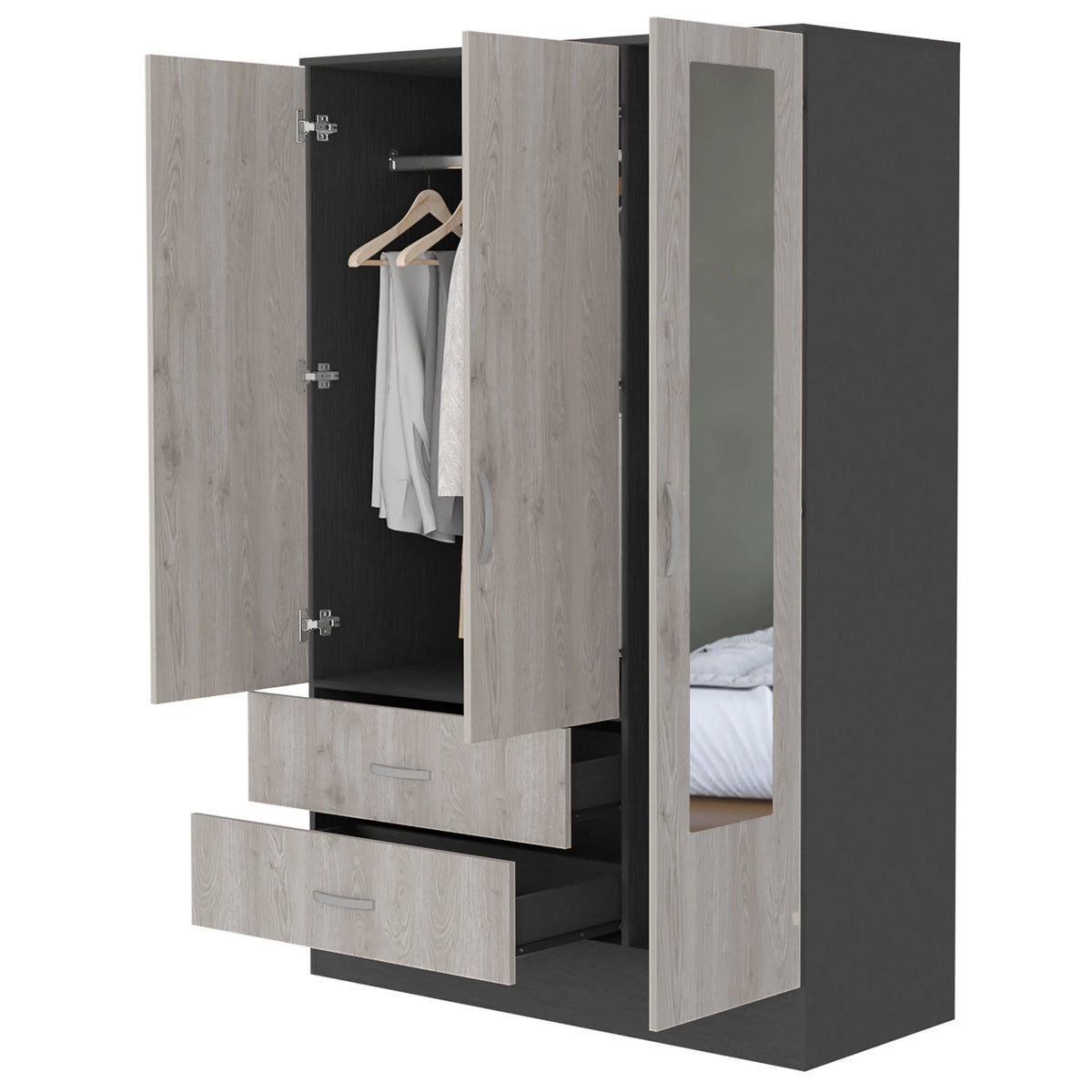 2-Drawer Small Armoire with Mirror Door Black Wengue and Light Gray Q683