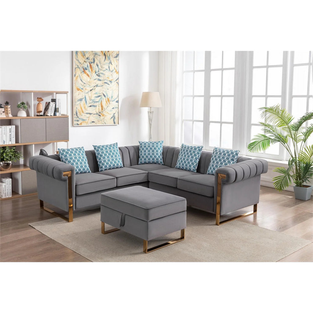 Gray Velvet 5-Seater Sectional Sofa with Storage Ottoman F467