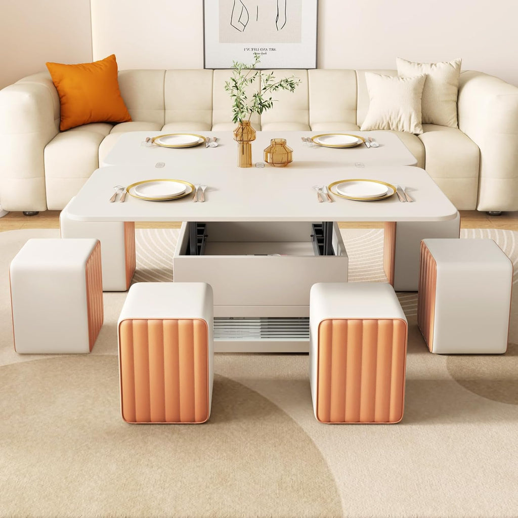 White Lift Top Coffee Table with 4 Stools C42911