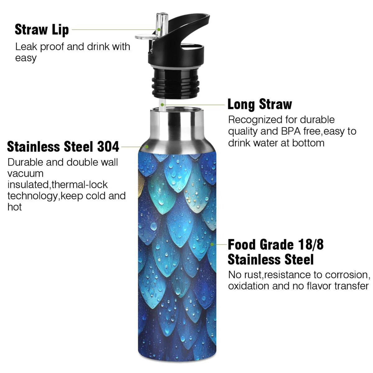 20 oz Insulated Stainless Steel Water Bottle with Straw Lid C7915