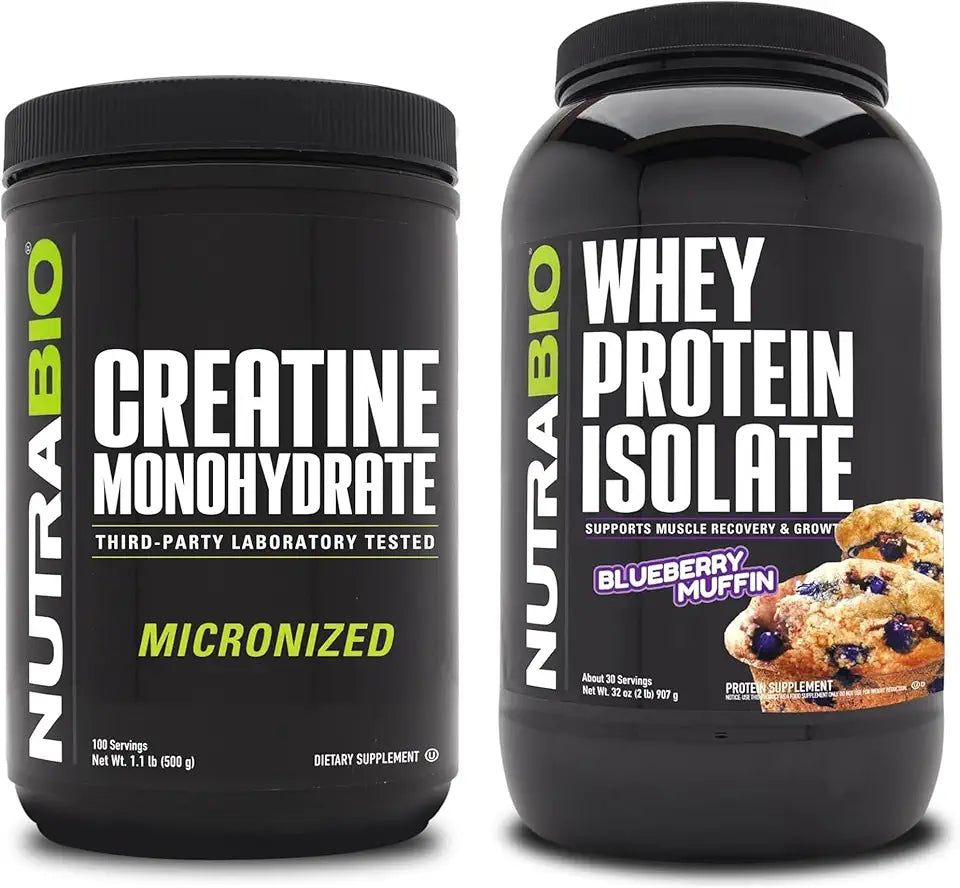 Unflavored Creatine Monohydrate and Blueberry Muffin Whey Protein Isolate Supplement Bundle N45886