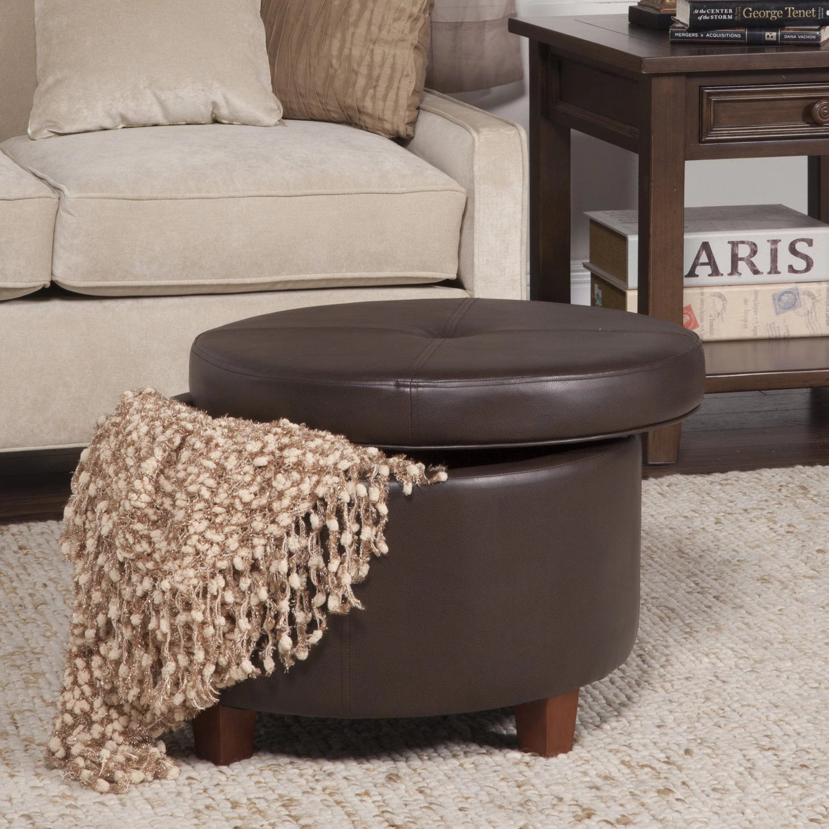 Chocolate Faux Leather Round Storage Ottoman D56559