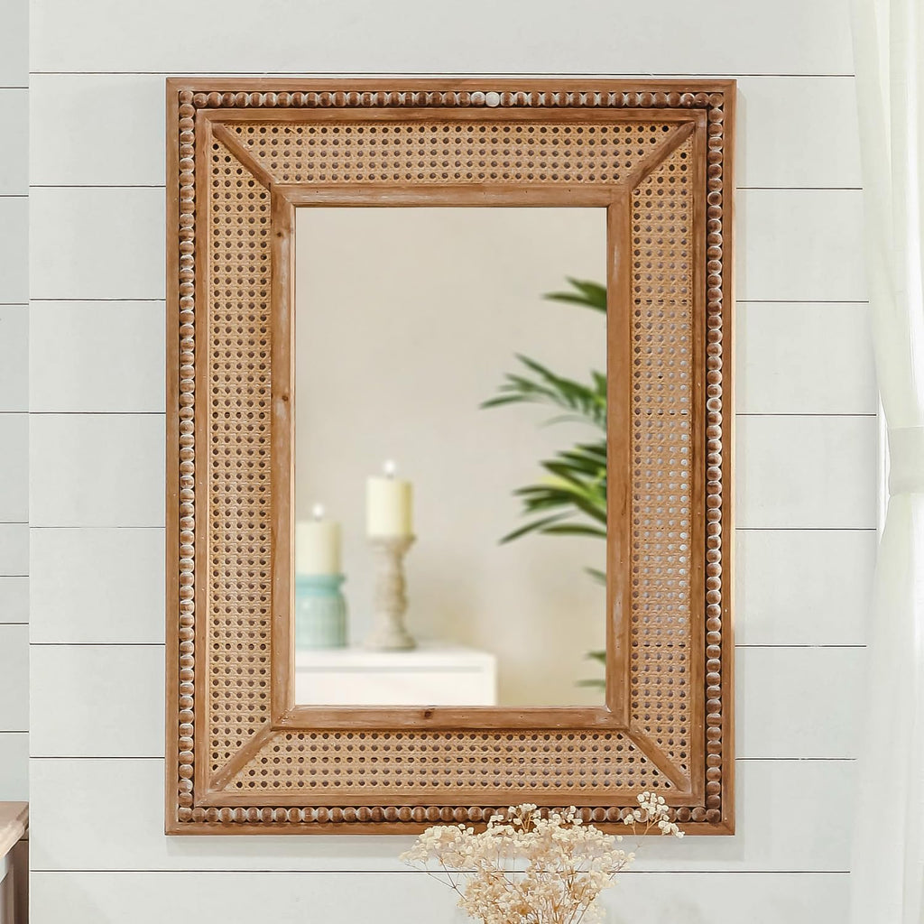 Boho Rattan Wall Mirror Wooden Framed Rectangle Mirror 24.21" x 1.18" x 32.28" N5506
