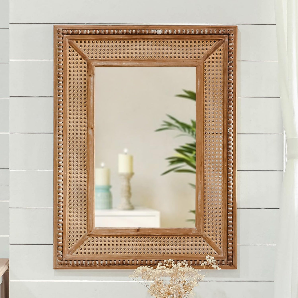 Boho Rattan Wall Mirror Wooden Framed Rectangle Mirror 24.21" x 1.18" x 32.28" N5506