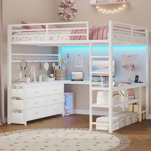 Full Size Loft Bed with U-Shaped Desk, 6 Storage Drawers, LED, Rustic Brown A675476