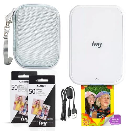 Mini Photo Printer (Pure White) - Bluetooth, Bundle Incl. 110 Zink Sticky-Back Prints, LED Light Bar, Protective Case, and USB Cable D292669
