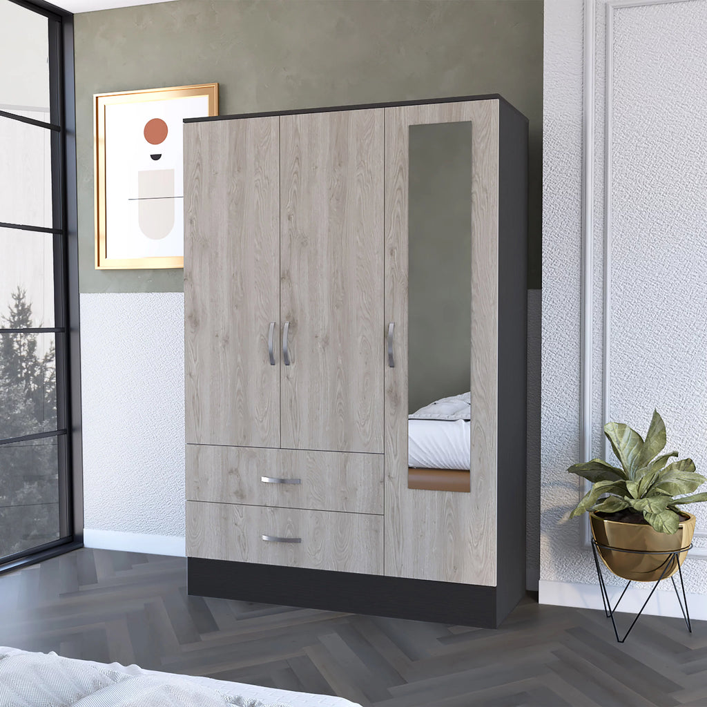 2-Drawer Small Armoire with Mirror Door Black Wengue and Light Gray Q683