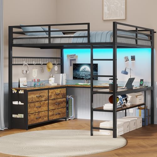 Full Size Loft Bed with U-Shaped Desk, 6 Storage Drawers, LED, Rustic Brown A675476
