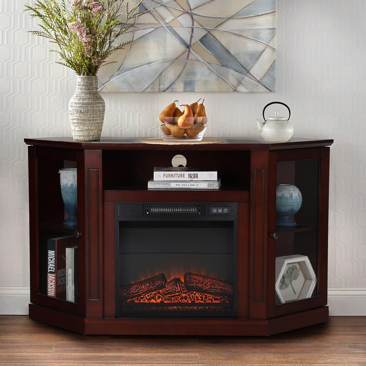 Fireplace TV Stand with Insert Fireplace, Brown Red Q129263