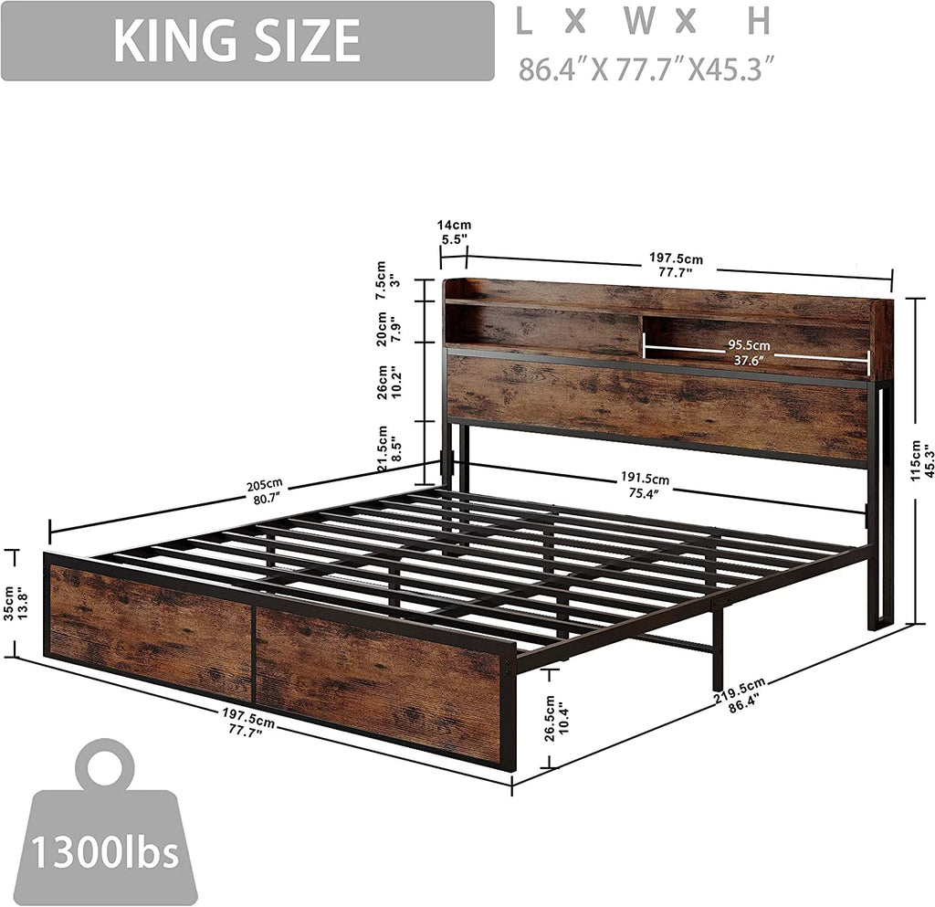 King Size Platform Storage Bed with Bookcase Headboard O5657