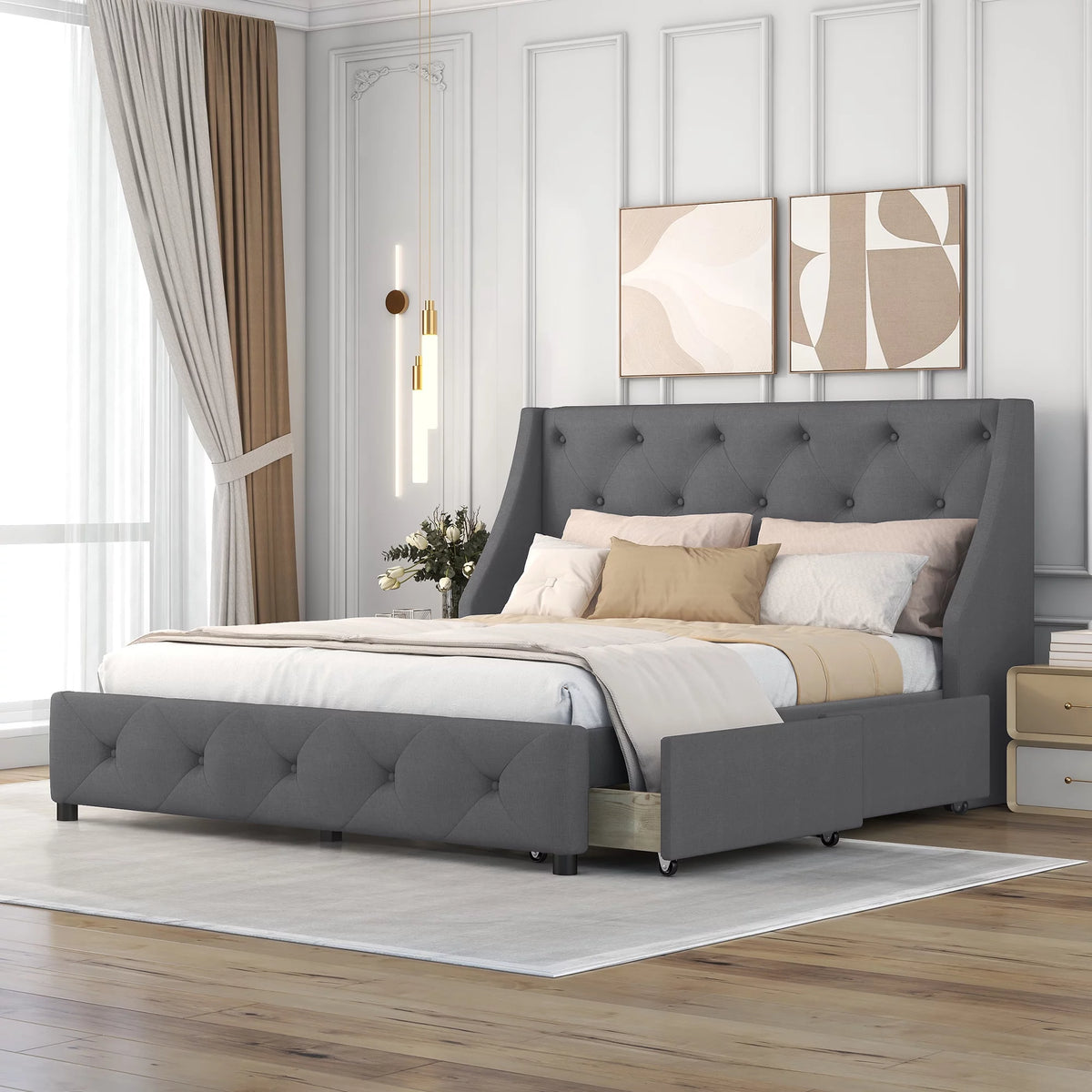 Queen Size Gray Linen Upholstered Platform Bed with 4 Drawers C535153