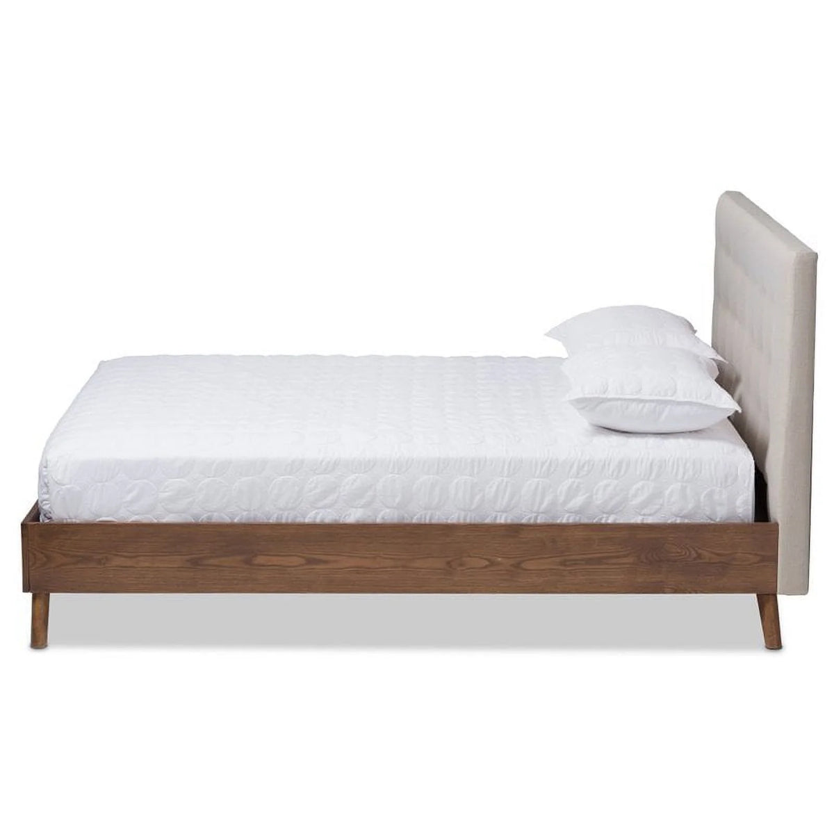 Mid-Century Wood Tufted Platform Bed, King, Beige/Brown I1741