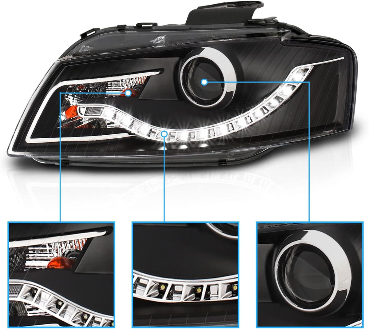 Black R8 LED Style Projector Headlights for Audi A3 L7982