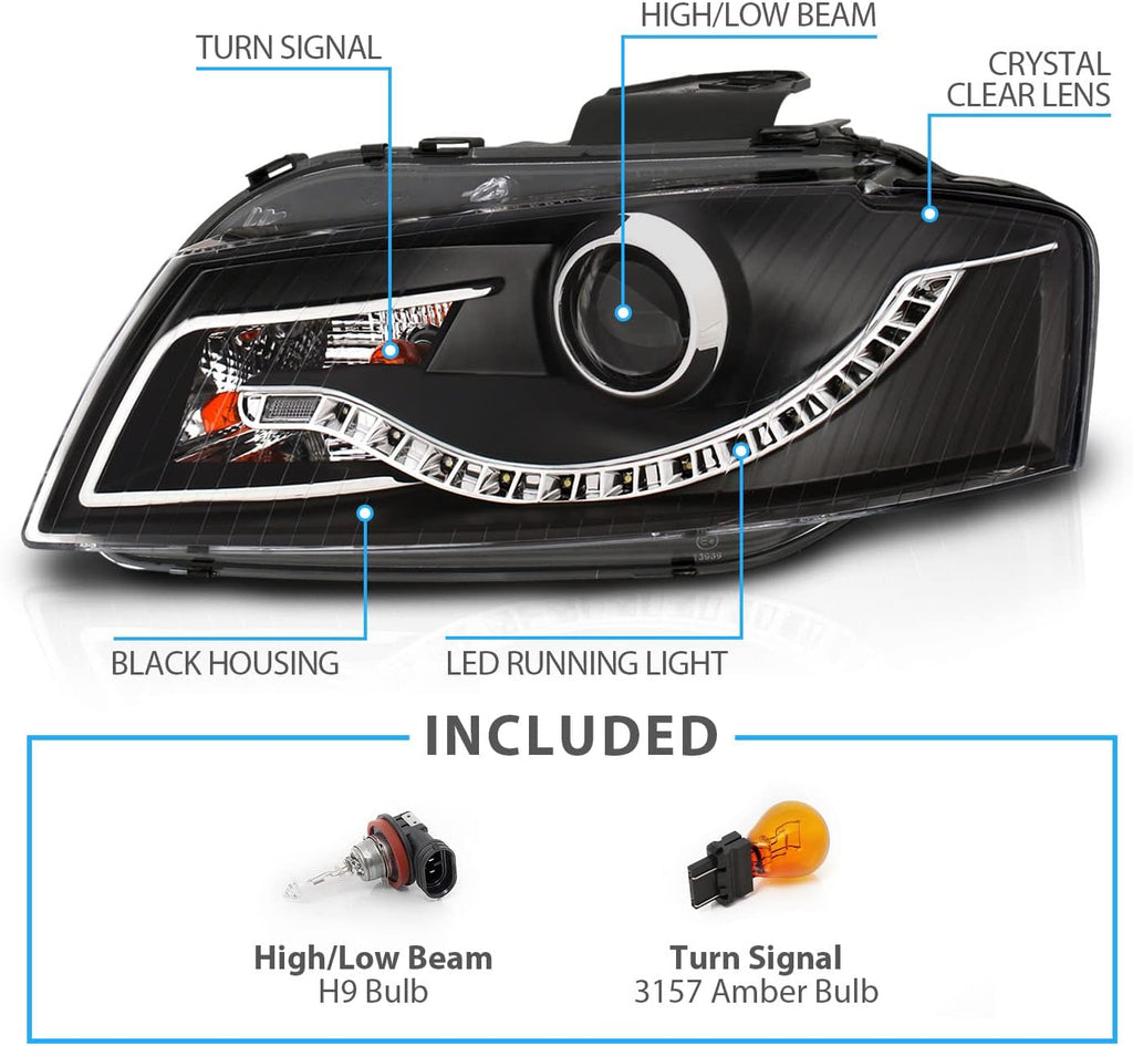 Black R8 LED Style Projector Headlights for Audi A3 L7982