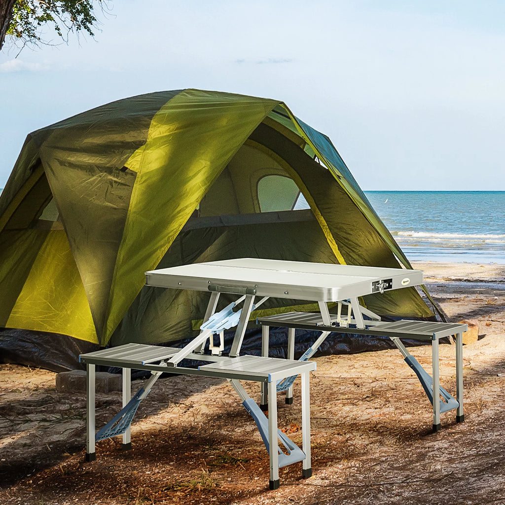 4 Person Aluminum Folding Picnic Table Set with Umbrella Hole A9925