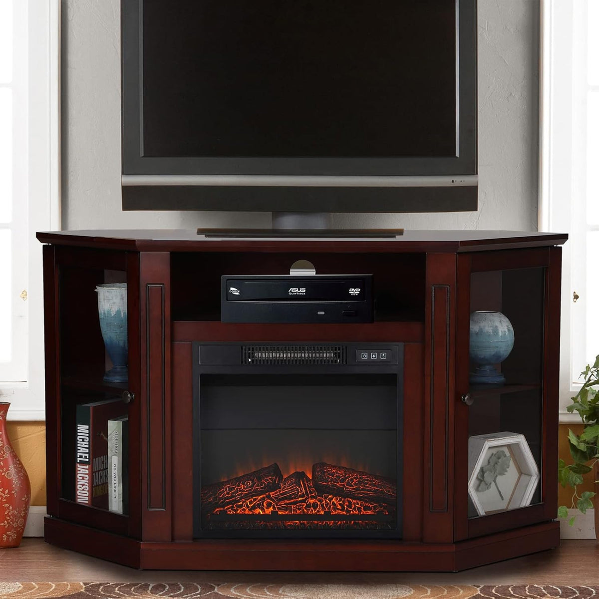 Fireplace TV Stand with Insert Fireplace, Brown Red Q129263