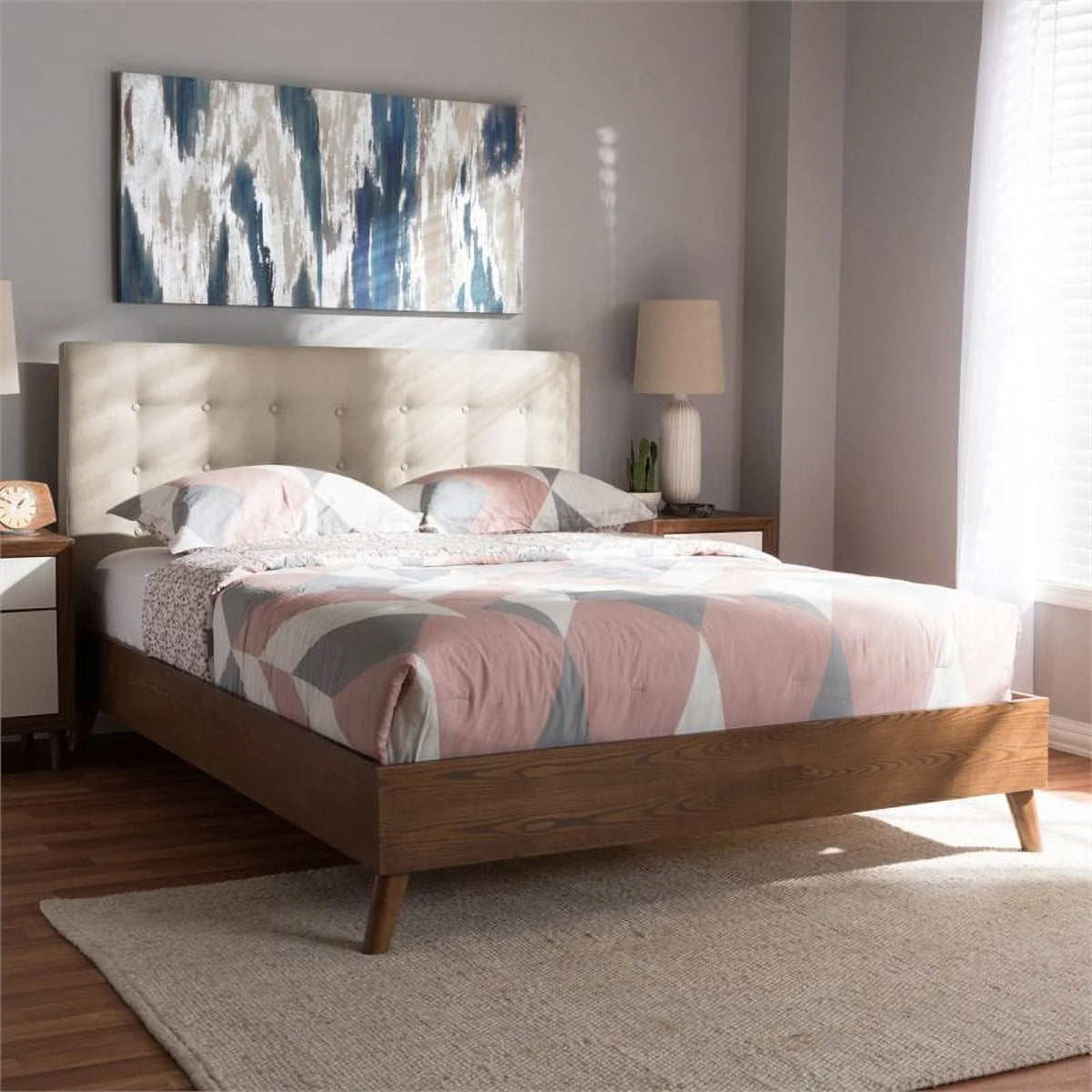 Mid-Century Wood Tufted Platform Bed, King, Beige/Brown I1741