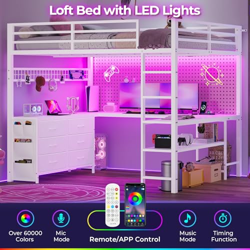Full Size Loft Bed with U-Shaped Desk, 6 Storage Drawers, LED, Rustic Brown A675476