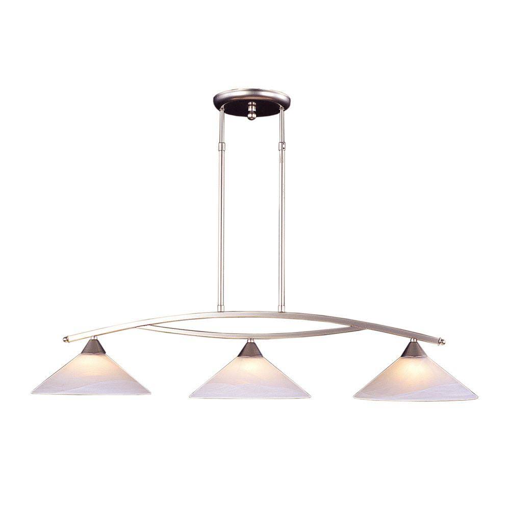 Satin Nickel 3-Light Island Light with White Marbleized Glass Shades J711998