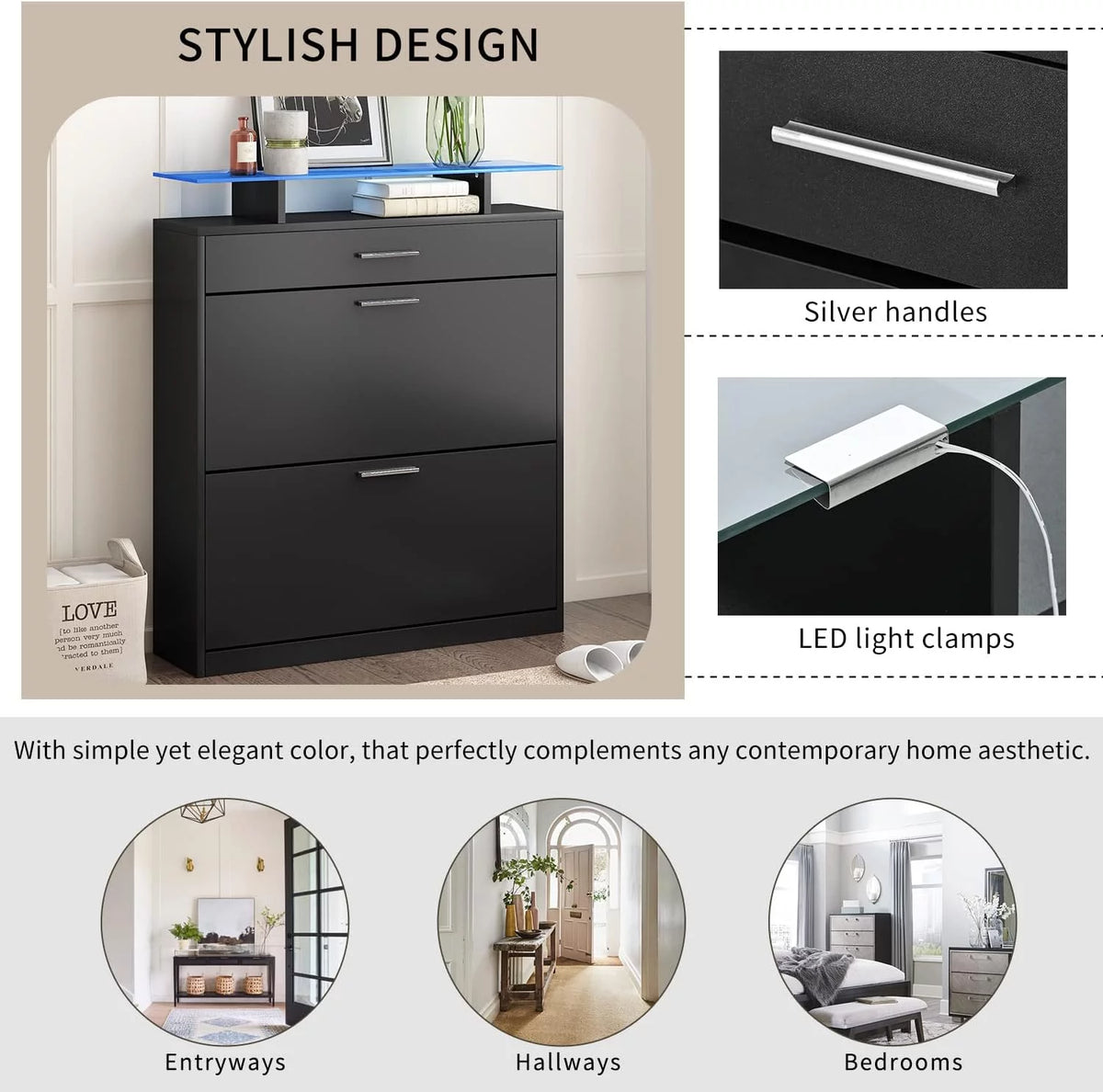 Black Slim Shoe Cabinet with 2 Flip Drawers and Tempered Glass Top K87386