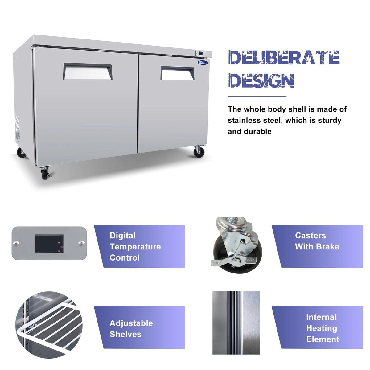 60" Stainless Steel Undercounter Work Top Refrigerator 18Cu.Ft B6071