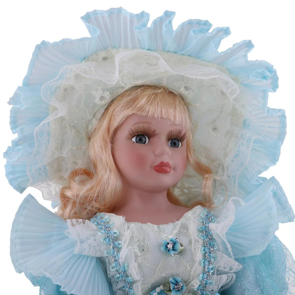 16inch Porcelain Doll with Stand, Lady Figures with Dress Hat, Dollhouse Accessories W812752