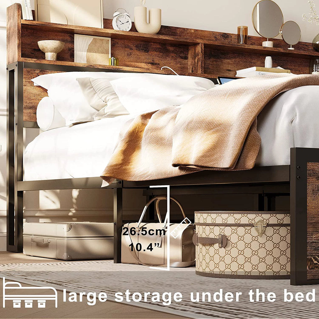 King Size Platform Storage Bed with Bookcase Headboard O5657