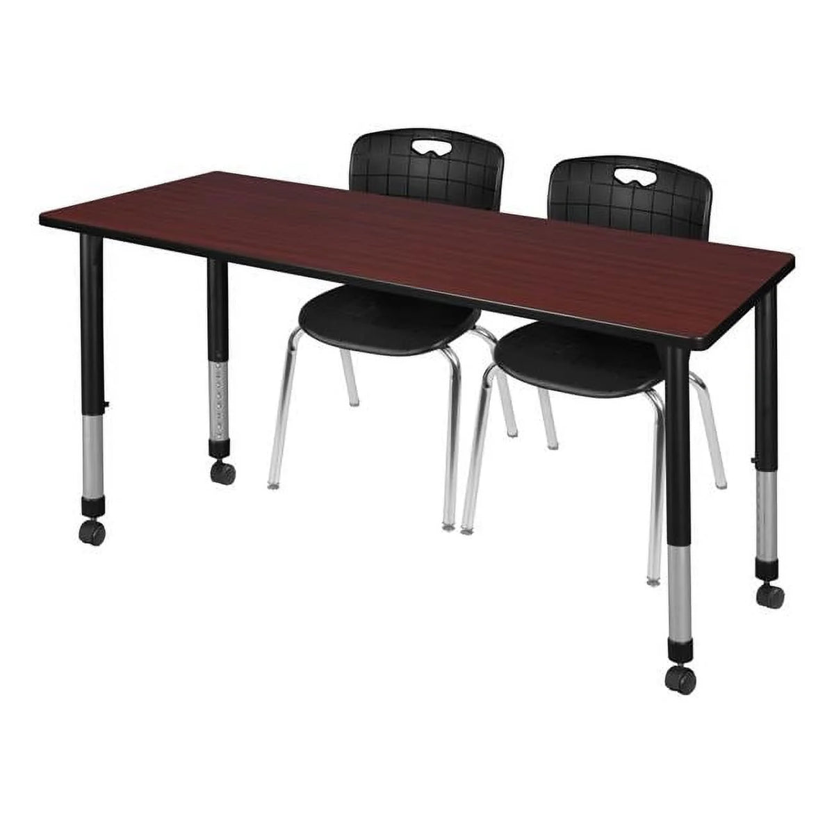 60 x 30 in. Height Adjustable Mobile Classroom Table, Mahogany & 2 Stack Chairs L26390
