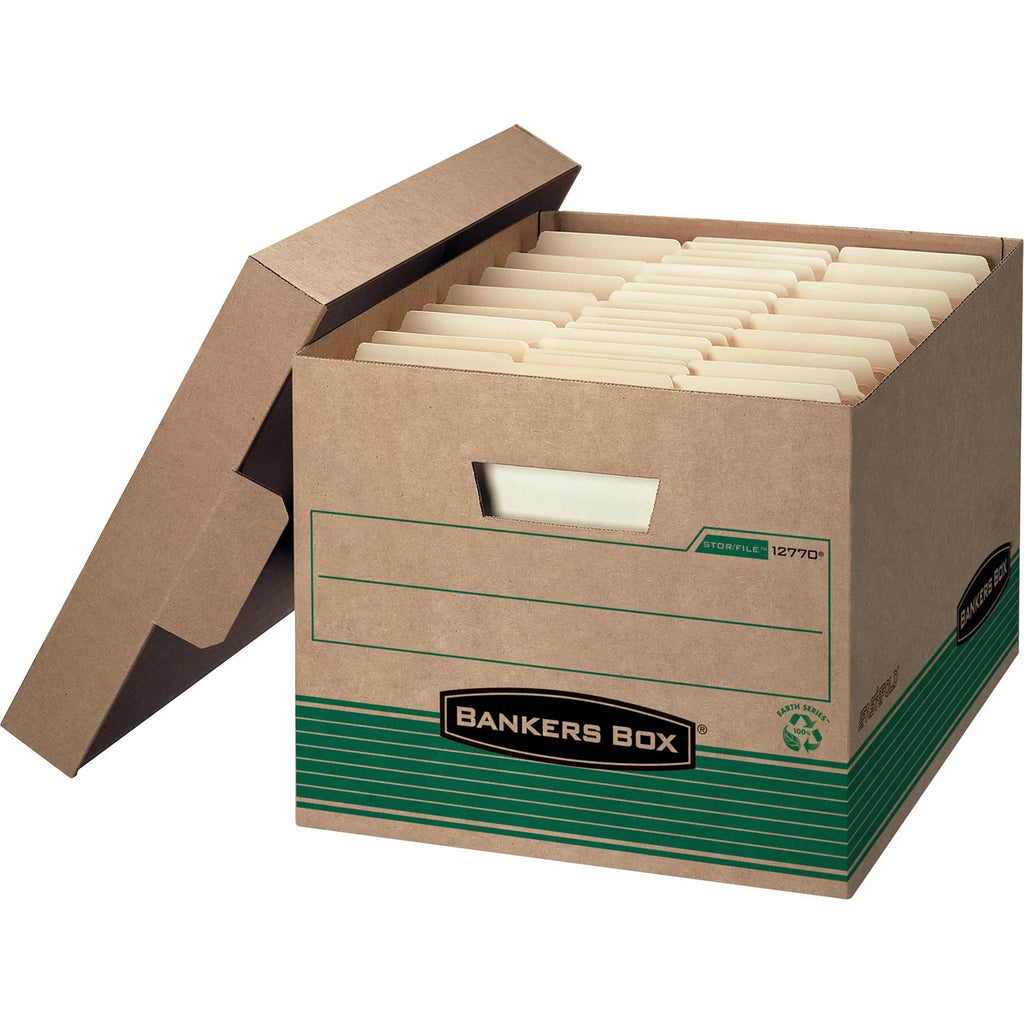 Medium-Duty Storage Boxes With Locking Lift-Off Lids And Built-In Handles, Letter/Legal Size, Kraft/Green, Case Of 12 D49109