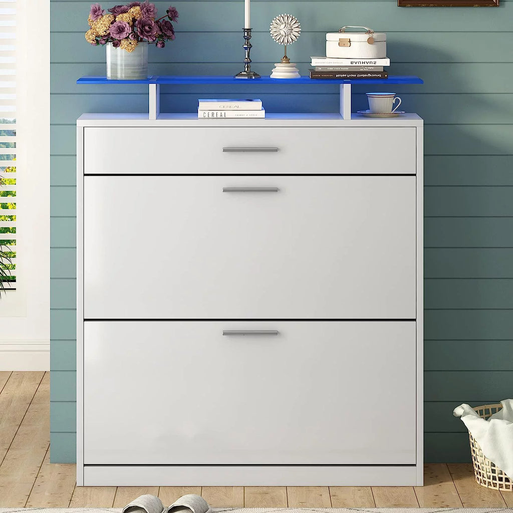Black Slim Shoe Cabinet with 2 Flip Drawers and Tempered Glass Top K87386