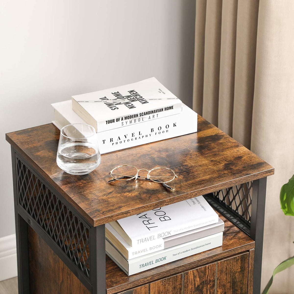 Rustic Brown and Black Nightstand with Open Shelf and Storage Cabinet M39824