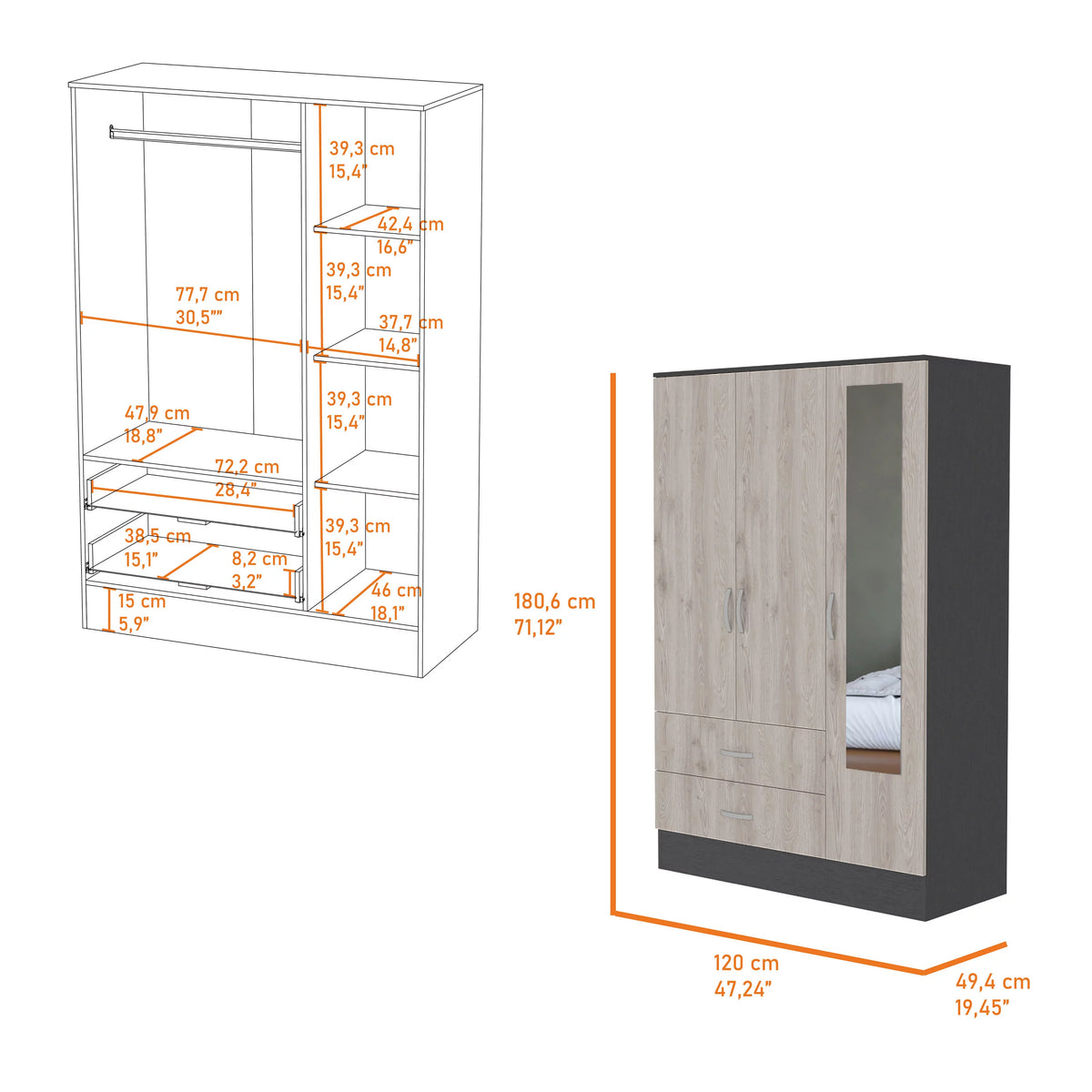 2-Drawer Small Armoire with Mirror Door Black Wengue and Light Gray Q683
